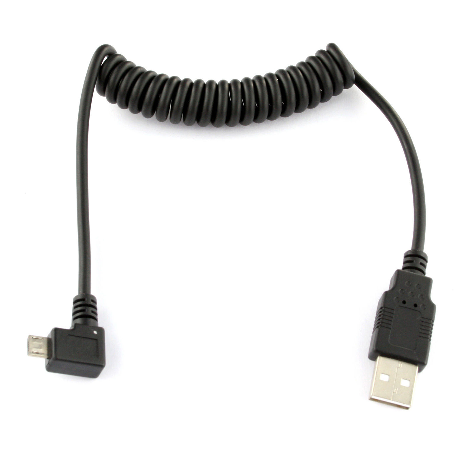 Right Angle Micro USB 2.0 B Male to USB Male Spring Coiled Cable Black